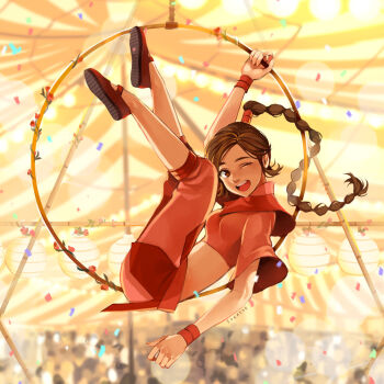 1girl acrobatics aerial_hoop artist_name avatar:_the_last_airbender avatar_legends braid braided_ponytail breasts brown_eyes brown_hair circus_tent confetti crop_top feet_up flats full_body hair_tie high_collar highres hoop lantern long_hair looking_at_viewer medium_breasts midriff one_eye_closed open_mouth pants pink_pants pink_shirt red_footwear shirt smile solo swept_bangs swinging syertse teeth ty_lee upper_teeth_only wide_sleeves wink wristband