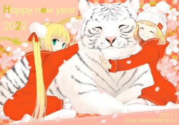 2022 2girls blonde_hair blush chinese_zodiac chiori_n closed_eyes commentary_request green_eyes happy_new_year highres hood hoodie looking_at_viewer multiple_girls new_year original petals smile tiger twintails v white_tiger year_of_the_tiger