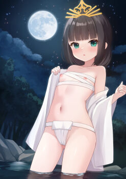 1girl black_hair blunt_bangs blunt_sidelocks blush breast_slip breasts chest_sarashi cloud forest full_moon fundoshi green_eyes hair_ornament hime_cut japanese_clothes kannushi loli long_hair looking_at_viewer low_ponytail moon nature navel nc731 nige_jouzu_no_wakagimi night night_sky nipple_slip nipples open_clothes open_mouth outdoors paid_reward_available panties partially_submerged ponytail ribbon sarashi shizuku_(nige_jouzu_no_wakagimi) sidelocks sky small_breasts star_(sky) starry_sky underwear undressing water white_panties