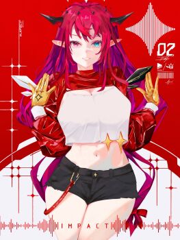 1girl absurdres asymmetrical_wings ayavi black_horns black_shorts black_wings breasts closed_mouth commentary cowboy_shot cropped_shirt crystal_wings denim denim_shorts english_commentary heterochromia highres hololive hololive_english horns irys_(hololive) large_breasts multicolored_hair navel parted_lips pointy_ears purple_eyes purple_hair red_background red_hair shirt short_shorts shorts smile solo streaked_hair two-tone_hair virtual_youtuber white_background white_shirt white_wings wings