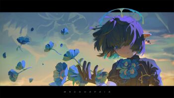 blue_dress blue_eyes blue_flower blue_halo cloud cloudy_sky dress earrings evening falling_flower floating_hair flower flower_on_chest gloves halo high_collar highres holding holding_flower hololive hololive_english jewelry letterboxed liquid_halo mazumaro meconopsis_(ninomae_ina&#039;nis) melting_halo ninomae_ina&#039;nis official_alternate_costume official_alternate_hairstyle outside_border pointy_ears puffy_short_sleeves puffy_sleeves short_hair short_sleeves single_earring sky upper_body virtual_youtuber
