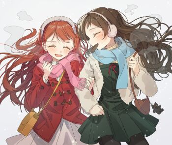 Rule 34 | 2girls, absurdres, bag, blue scarf, brown hair, closed eyes, commentary request, cowboy shot, dress, earmuffs, earrings, floating hair, green dress, hano9789, happy, heart-shaped bag, highres, holding another's arm, idolmaster, idolmaster million live!, jacket, jewelry, kitazawa shiho, korean commentary, long hair, long sleeves, multiple girls, open mouth, pink scarf, red hair, red jacket, scarf, shoulder bag, smile, standing, stuffed animal, stuffed cat, stuffed toy, tanaka kotoha, white background, yuri