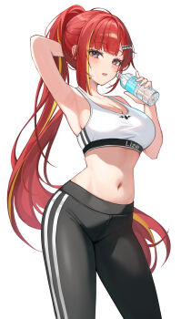 Rule 34 | 1girl, absurdres, akane lize, arm behind head, arm up, armpits, bare arms, bare shoulders, black eyes, black leggings, bottle, breasts, cleavage, commentary, contrapposto, cowboy shot, crop top, hair ornament, hairclip, hand up, highres, holding, holding bottle, large breasts, leggings, long hair, looking at viewer, midriff, mole, mole under eye, multicolored hair, navel, open mouth, ponytail, red hair, shirt, simple background, sleeveless, sleeveless shirt, solo, sports bra, standing, stellive, stomach, streaked hair, sweat, untranslatable commentary, very long hair, virtual youtuber, water bottle, white background, white shirt, yulha 06