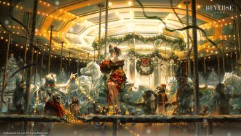 2girls absurdres bell carbuncle_(reverse:1999) carousel christmas christmas_ornaments christmas_tree english_text fake_beard fake_facial_hair hat highres holding holding_bell holding_pole horseback_riding mercuria_(reverse:1999) multiple_girls official_alternate_costume official_art pole reverse:1999 riding rubuska santa_hat snowing white_horse