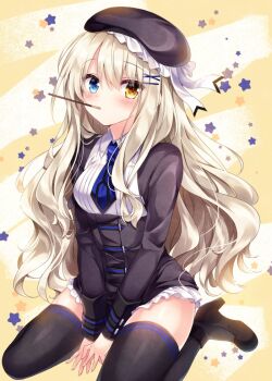 Rule 34 | 1girl, beret, black shirt, black thighhighs, blonde hair, blue eyes, blush, breasts, commentary request, female focus, food, framed breasts, hair ornament, hairclip, hat, heterochromia, high heels, long hair, long sleeves, looking at viewer, luca (nogi takayoshi), miniskirt, mouth hold, necktie, nogi takayoshi, orange eyes, original, pocky, shirt, short necktie, sidelocks, sitting, skirt, small breasts, solo, star (symbol), thighhighs, thighs, v arms, very long hair, wariza, white skirt, wing collar, x hair ornament, zettai ryouiki