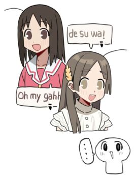 Rule 34 | 2girls, :d, ahoge, azumanga daioh's school uniform, azumanga daiou, brown eyes, brown hair, catchphrase, cyjalway, gakuen idolmaster, highres, idolmaster, kasuga ayumu, kuramoto china, long hair, multiple girls, open mouth, parted bangs, school uniform, simple background, smile, white background