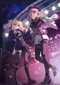 2girls absurdres black_boots black_hat black_pantyhose black_shoes black_shorts blonde_hair blush boots closed_mouth commentary_request copyright_notice epaulettes full_body gradient_hair hat high_heels highres jacket kheng_(k_heng1223) knee_boots long_hair long_sleeves looking_at_viewer mochizuki_honami multicolored_hair multiple_girls official_art open_clothes open_jacket pantyhose pantyhose_under_shorts pink_hair project_sekai purple_jacket sekai_symphony shoes shorts smile stage standing tenma_saki twintails white_shorts