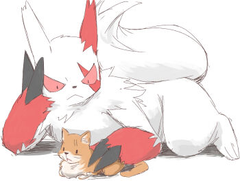 brown_fur cat claws gen_3_pokemon lying nintendo on_side original pokemon pokemon_(creature) red_eyes red_fur sitting sobatya two-tone_fur white_background white_fur zangoose