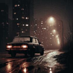 aleha_84 animated building car highres lamppost motor_vehicle night no_humans original pixel_art rain scenery tagme video