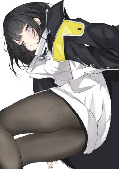 1girl absurdres arknights arknights:_endfield black_coat black_hair black_pantyhose black_shorts coat commentary_request endministrator_(arknights) female_endministrator_(arknights) from_below grey_eyes highres looking_at_viewer looking_down medium_hair open_clothes open_coat pantyhose shorts simple_background solo sweater turtleneck turtleneck_sweater unanooo_(fthx7532) white_background white_sweater