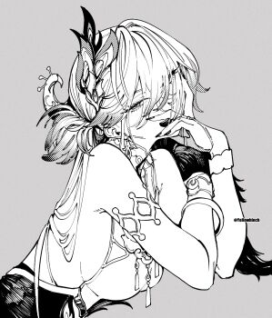1girl backless_dress backless_outfit bare_shoulders breasts commentary dated_commentary dress folded_ponytail grey_background greyscale hand_on_own_face highres honkai:_star_rail honkai_(series) looking_at_viewer medium_breasts medium_hair messy_hair monochrome otimusyairoha sideboob simple_background solo squinting twitter_username upper_body white_dress yao_guang_(honkai:_star_rail)