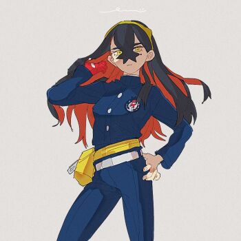 1girl black_hair blue_jacket blue_pants blueberry_academy_school_uniform carmine_(pokemon) closed_mouth colored_inner_hair crossed_bangs fanny_pack gloves hair_between_eyes hairband hand_in_own_hair hand_on_own_hip jacket long_sleeves looking_at_viewer maitainko mole mole_under_eye multicolored_hair nintendo pants partially_fingerless_gloves pokemon pokemon_sv red_gloves red_hair school_uniform single_glove solo two-tone_hair yellow_eyes yellow_hairband