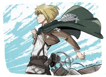 1boy armin_arlert artist_name blonde_hair blue_eyes bob_cut border brown_jacket clenched_hand cloak cloud cloudy_sky cowboy_shot cropped_jacket findoworld green_cloak highres jacket light_smile male_focus military_jacket panties shingeki_no_kyojin shirt short_hair sky solo survey_corps_(emblem) three-dimensional_maneuver_gear underwear white_border white_panties white_shirt