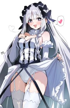 1girl absurdres bare_shoulders black_bow black_eyes blush bow braid breasts cleavage collar colored_inner_hair detached_sleeves dress fate/strange_fake fate_(series) francesca_prelati_(fate) frilled_collar frills garter_straps grey_hair hair_bow highres long_hair looking_at_viewer medium_breasts multicolored_hair open_mouth panties parted_bangs ringed_eyes sak_(lemondisk) sidelocks smile solo striped_clothes striped_dress thighhighs thighs underwear very_long_hair white_dress white_hair white_panties white_thighhighs