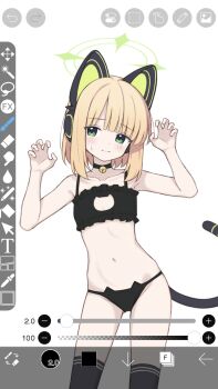 Rule 34 | 1girl, animal ear headphones, animal ears, bell, black bra, black choker, black panties, black thighhighs, blonde hair, blue archive, blush, bra, cat cutout, cat ear headphones, cat ear panties, cat ears, cat lingerie, cat tail, choker, claw pose, cleavage cutout, closed mouth, clothing cutout, collarbone, commentary request, fake animal ears, fake tail, flat chest, green eyes, green halo, halo, headphones, highres, jingle bell, looking at viewer, midori (blue archive), navel, neck bell, panties, short hair, solo, suiran (suiran0111), tail, thighhighs, underwear, underwear only