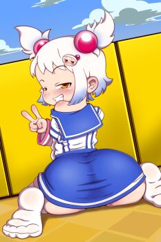 1girl absurdres ass blue_hair bombergirl dress hair_ornament highres huge_ass kyojiri_loli light_blush loli multicolored_hair outdoors peace_symbol poethewondercat sailor_dress shiro_(bombergirl) short_hair skirt smile solo thighhighs white_hair yellow_eyes