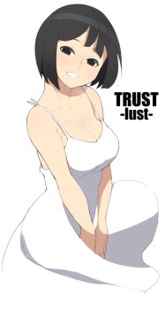 1girl accio bad_id bad_twitter_id bare_shoulders black_eyes black_hair bob_cut breasts character_name cleavage dress female_focus looking_at_viewer lust_(deadly_sins) original seven_deadly_sins short_hair simple_background smile solo strap_gap sundress trust_(accho) white_background white_dress