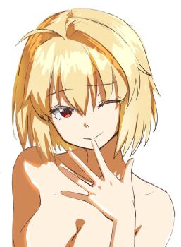 Rule 34 | 1girl, ahoge, arcueid brunestud, bare shoulders, blonde hair, breasts, finger in own mouth, hair between eyes, hair intakes, highres, implied nudity, looking at viewer, one eye closed, profile, raie l, red eyes, short hair, sidelocks, sketch, smile, solo, tsukihime, tsukihime (remake), upper body, white background