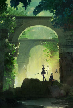 1boy 1girl 2b_(nier:automata) 9s_(nier:automata) absurdres arch black_dress black_gloves black_hairband black_thighhighs blindfold breasts commentary dress english_commentary english_text full_body gloves hairband high_heels highres holding holding_sword holding_weapon katana medium_breasts molli_hu nature nier:automata nier_(series) non-humanoid_robot perspective pod_(nier:automata) puddle robot ruins scenery short_hair sitting standing sword thighhighs tree virtuous_contract weapon white_hair