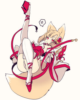 ! 1girl animal_ears bare_shoulders blonde_hair blunt_bangs commentary_request detached_sleeves flat_chest fox_ears fox_girl fox_tail hair_ornament highleg highleg_leotard highres hisui_(syarute) japanese_clothes kitsune large_tail leg_up leotard looking_at_viewer lying medium_hair nontraditional_miko obi obijime okobo on_back original platform_sandals red_eyes red_ribbon ribbon ribbon-trimmed_sleeves ribbon_trim sandals sash sideless_kimono simple_background socks solo spoken_exclamation_mark strapless strapless_leotard tabi tail thick_eyebrows thick_thighs thighhighs thighs white_background white_leotard white_sleeves white_socks white_thighhighs wide_sleeves