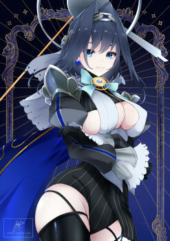 1girl absurdres arm_under_breasts artist_name black_thighhighs blue_background blue_bow blue_bowtie blue_cape blue_eyes blue_gemstone blue_hair blue_trim border bow bow_earrings bowtie breasts brooch cape chark14 cleavage cleavage_cutout closed_mouth clothing_cutout commentary crossed_arms detached_sleeves earrings english_commentary frilled_sleeves frills gem gold_trim groin hair_between_eyes hair_intakes halo heart heart_brooch highres hololive hololive_english jewelry juliet_sleeves large_breasts light_particles long_hair long_sleeves looking_at_viewer ouro_kronii ouro_kronii_(1st_costume) pinstripe_pattern pinstripe_shirt puffy_sleeves shirt sidelocks signature sleeveless sleeveless_shirt sleeveless_turtleneck solo thighhighs thighs turtleneck underboob virtual_youtuber white_shirt