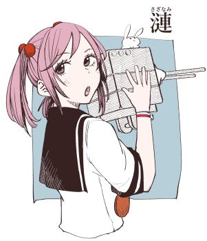 1girl absurdres character_name chitosan commentary_request furigana hair_bobbles hair_ornament highres holding kantai_collection open_mouth pink_eyes pink_hair rabbit sailor_collar sazanami_(kancolle) school_uniform serafuku short_sleeves short_twintails simple_background solo twintails upper_body