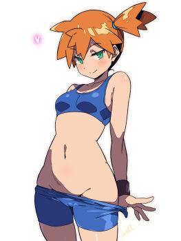 1girl artist_name batta_16-sei bike_shorts breasts closed_mouth groin highres looking_at_viewer misty_(pokemon) navel nintendo orange_hair pokemon pokemon_frlg short_hair side_ponytail simple_background small_breasts smile solo white_background