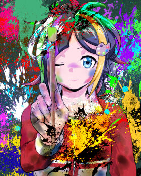 Rule 34 | 1girl, aqua hair, black hair, blonde hair, blue eyes, closed mouth, commentary request, green hair, hair ornament, highres, holding, holding paintbrush, jacket, jikkyou powerful pro yakyuu, kuroto mone, multicolored hair, multicolored jacket, one eye closed, paint palette hair ornament, paint splatter, paint splatter on face, paintbrush, ponytail, power pro appli, red hair, red jacket, sassou6725, short hair, solo, track jacket, two-tone jacket, upper body, white jacket
