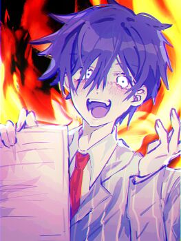1boy :d black_background blush bossman_hero chromatic_aberration collared_shirt colored_skin colored_tongue commentary_request danmuji_07 double-parted_bangs fangs fiery_background fingernails fire grey_jacket hair_between_eyes hands_up hero_(headspace)_(omori) hero_(omori) highres holding holding_paper jacket korean_commentary layered_sleeves long_sleeves looking_at_viewer male_focus necktie official_alternate_eye_color omori open_mouth paper pinstripe_jacket pinstripe_pattern purple_hair purple_tongue red_necktie shirt short_hair simple_background smile solo teeth tongue upper_body very_short_hair white_eyes white_shirt white_skin
