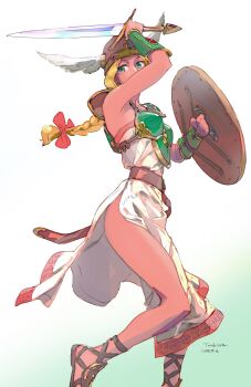 1girl arm_shield arm_up armor artist_name belt bikini_armor bow bracer braid brown_belt commentary_request cross-laced_sandals dated dress gradient_background green_eyes hair_bow helmet highres holding holding_sword holding_weapon long_hair looking_to_the_side red_bow sandals shoulder_armor side_slit single_braid solo strapless strapless_dress sword thighs tombiiwa valkyrie_(vnd) valkyrie_no_densetsu weapon white_dress winged_helmet