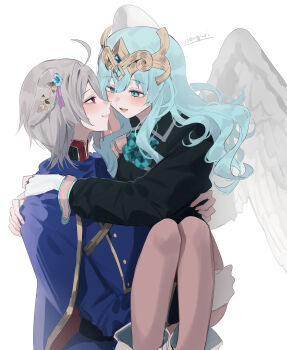 2girls absurdres ahoge androgynous angel_wings aqua_eyes aqua_hair artist_name blush carrying closed_mouth commentary_request fire_emblem fire_emblem_shadows grey_hair hair_between_eyes highres kurt_(fire_emblem) long_hair long_sleeves looking_at_another multiple_girls nintendo open_mouth princess_carry red_eyes rose_(fire_emblem) sakuramotikun short_hair signature smile wings yuri