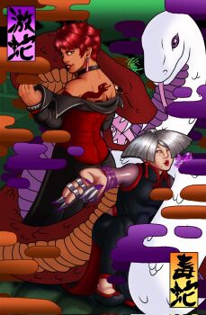 2girls a.k.i._(street_fighter) breasts dark-skinned_female dark_skin dress female_focus formal_clothes from_behind kamenichiban large_breasts looking_at_viewer looking_back mangekyou_sharingan multiple_girls red_eyes red_hair rinnegan sharingan short_hair snake standing street_fighter suit tan the_king_of_fighters vice_(kof)