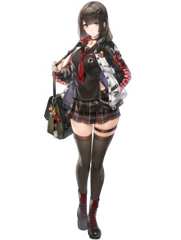 Rule 34 | 1girl, amulet, ankh, ankh necklace, arrow print, artist request, badge, bag, belt, black belt, black boots, black choker, black hair, black sailor collar, black shirt, black skirt, black thighhighs, boots, breast pocket, button badge, buttons, chain, choker, duffel bag, english text, final gear, full body, grey eyes, hair ornament, hair over shoulder, hairclip, hand in pocket, highres, holding, holding bag, jacket, knees, knot, lace-up boots, letterman jacket, looking at viewer, medium hair, multicolored jacket, multicolored skirt, multicolored sleeves, naomi (final gear), neckerchief, number print, official art, open clothes, open jacket, petticoat, plaid clothes, plaid skirt, pleated skirt, pocket, red neckerchief, red ribbon, ribbon, sailor collar, shirt, side slit, sidelocks, simple background, skirt, slip showing, smiley face, solo, standing, striped collar, striped neckerchief, striped sleeves, tachi-e, tassel, text print, thigh strap, thighhighs, third-party source, tie clip, transparent background, two-tone jacket, vertical-striped sleeves, white jacket, x hair ornament