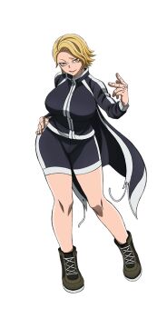 1girl amisaki_ryouko anime_coloring blonde_hair boots breasts brown_eyes closed_mouth eyeshadow full_body green_boots grey_jacket grey_shorts hand_on_own_hip huge_breasts jacket lips long_sleeves looking_at_viewer makeup official_art sazanami_kuina short_hair shorts simple_background smile solo standing thighs tougen_anki track_jacket transparent_background