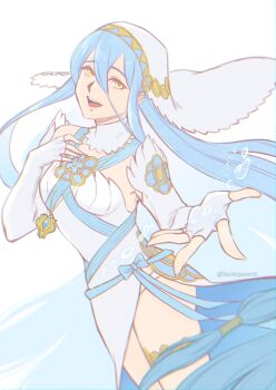 1girl :d aqua_hair azura_(fire_emblem) breasts commentary dress elbow_gloves english_commentary fingerless_gloves fire_emblem fire_emblem_fates flamingo_(eme324) gloves hair_between_eyes highres jewelry looking_at_viewer necklace nintendo open_mouth panties side_slit small_breasts smile solo teeth twitter_username underwear upper_teeth_only veil water white_dress white_gloves white_panties white_veil yellow_eyes