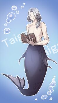 1boy air_bubble bare_pectorals bare_shoulders blush book bubble character_name commentary_request english_text fins grey_hair grey_tail highres holding holding_book komena_(shinyday312) long_hair male_focus merman monster_boy one_side_up original pectorals reading scales smile solo