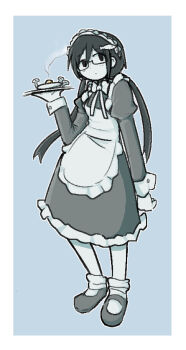 Rule 34 | 1girl, alternate costume, black eyes, blue background, blush, bow, bowtie, closed mouth, coat, dilated pupils, enmaided, fish hair ornament, fish hairpin, fried egg, glasses, hair ornament, highres, holding, holding tray, lab coat, long hair, long sleeves, looking at viewer, maid, mushroom, neppyseagull, raised eyebrows, shimeji simulation, shoes, simple background, socks rolled down, solo, steam, tray, tsukishima shijima's sister, twintails, white bow, white bowtie