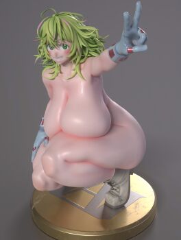 1girl 3d blush boku_no_hero_academia boots breasts casual casual_nudity cleavage curvy gloves green_eyes green_hair grey_background hagakure_toru highres huge_breasts medium_hair naked_gloves nude pale_skin sagging_breasts shiny_skin smile solo squatting teeth thick_thighs thighs usukeninja v wide_hips