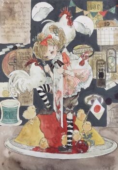 1girl acrylic_paint_(medium) apron baby_animal bird blonde_hair blush bow braid calendar_(object) chick chicken commentary_request dress english_text flag food hair_bow highres holding holding_knife japanese_flag karintoun ketchup knife looking_down omelet omurice original painting_(medium) red_bow ribbon signature standing straight-on striped_clothes striped_dress striped_thighhighs swept_bangs thighhighs tomato traditional_media watercolor_(medium) white_apron