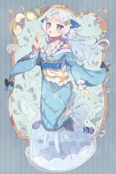 Rule 34 | 1girl, animal ears, black bow, blue eyes, blue hair, blue kimono, blue ribbon, blush, bow, cat ears, commentary, dot nose, fish skeleton, flower, full body, green background, hair ribbon, hand up, highres, ice, ice cube, japanese clothes, kimono, kneeling, long hair, long sleeves, looking at viewer, mermaid costume, open mouth, original, ribbon, sleeve bow, socks, solo, striped background, symbol-only commentary, tsukumi bis, twitter username, vertical-striped background, wide sleeves, wispy bangs, yellow flower