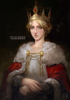 1girl art_of_neight artist_name artstation_logo blonde_hair closed_mouth commentary crown deviantart_logo earrings english_commentary english_text facebook_logo grey_eyes highres instagram_logo jewelry krista_lenz looking_at_viewer official_alternate_costume patreon_logo queen realistic shingeki_no_kyojin short_hair signature solo tiktok_logo twitch_logo twitter_logo