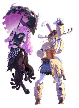 2girls alternate_costume antlers arm_up arm_warmers armlet armpits bare_shoulders black_shirt blonde_hair boots breasts brown_eyes brown_gloves carrot_(one_piece) crop_top deer_antlers eyeshadow fake_antlers fingerless_gloves floating full_body furry furry_female gauntlets gloves goggles goggles_on_headwear grin hand_on_own_hip hat helio_art holding holding_umbrella horns jewelry leg_warmers lipstick long_hair long_skirt looking_at_another looking_at_viewer makeup midriff miniskirt multiple_girls navel one_piece orange_shirt perona pink_hair rabbit_ears rabbit_girl shirt short_hair sideboob skirt sleeveless smile standing thighhighs umbrella viking witch_hat