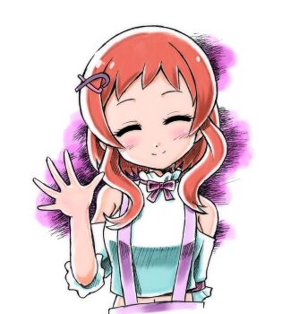 Rule 34 | 1girl, ^ ^, arm behind back, bare shoulders, blush, closed eyes, closed mouth, clothing cutout, commentary, cropped shirt, facing viewer, frilled shirt, frilled sleeves, frills, hair ornament, hairclip, hand up, heart, heart hair ornament, highres, inukai iroha, midriff, neck ribbon, orange hair, pink ribbon, precure, purple shorts, ribbon, shirt, short hair with long locks, short sleeves, shorts, shoulder cutout, simple background, smile, solo, split mouth, spread fingers, suspender shorts, suspenders, upper body, wakabayashi makoto, waving, white background, white shirt, wonderful precure!