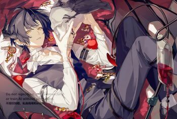 1boy alternate_costume asaba_harumasa bandages bicep_strap bingzhen_h2o bird black_hair black_horns black_pants black_shoes black_sweater_vest blood blood_bag candy collarbone commentary_request crow earclip earrings food highres holding holding_skull horns intravenous_drip iv_stand jewelry looking_at_viewer lying male_focus multiple_rings on_back pants pectoral_cleavage pectorals ring shirt shoes short_hair skull socks solo sweater_vest white_shirt white_socks yellow_eyes zenless_zone_zero