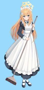 Rule 34 | 1girl, absurdres, alternate costume, black dress, black shoes, blue archive, blue eyes, blush, broom, cat girl, closed mouth, collared dress, commentary request, double-parted bangs, dress, enmaided, flower, full body, hair flower, hair ornament, halo, highres, holding, holding broom, juliet sleeves, long hair, long sleeves, maid, maid headdress, mari (blue archive), mary janes, mikeran5648, orange hair, puffy sleeves, shoes, smile, solo, white flower, yellow halo