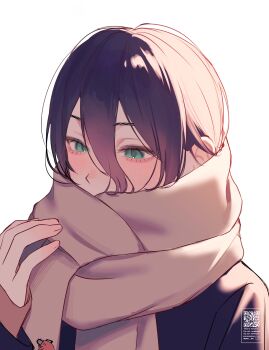 1girl absurdres black_hair blush brown_scarf chainsaw chainsaw_man creature gm_gn8 green_eyes handle highres pet pochita_(chainsaw_man) reze_(chainsaw_man) scarf solo watermark