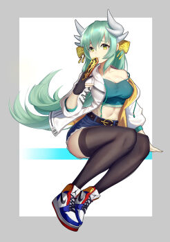 1girl black_gloves black_thighhighs breasts cleavage collarbone denim denim_shorts dragon_girl dragon_horns fate/grand_order fate_(series) folded_fan folding_fan gloves green_hair hair_between_eyes hair_ornament hand_fan highres horns jacket kiyohime_(fate) large_breasts long_hair long_sleeves looking_at_viewer multiple_horns navel partially_fingerless_gloves shoes shorts solo stomach thighhighs very_long_hair white_jacket white_shoes yellow_eyes zqzqy