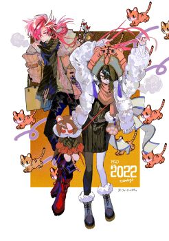 1boy 1girl alternate_costume asymmetrical_legwear black_hair boots brown_eyes coat dress endo_(takolegs) eyebrow_cut fate/grand_order fate_(series) full_body fur-trimmed_jacket fur_trim hair_over_one_eye hat highres jacket long_hair long_sleeves low_ponytail mole mole_under_eye multicolored_hair official_artist_extra ponytail red_eyes red_hair scarf shirt short_hair smile streaked_hair takasugi_shinsaku_(fate) tiger white_hair winter_clothes winter_coat xu_fu_(fate)