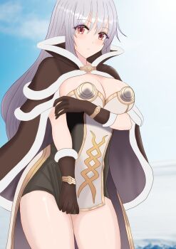 1girl arm_under_breasts black_dress blue_sky blush breasts brown_cape brown_gloves cape cleavage cloud commentary_request cowboy_shot day dress fur-trimmed_cape fur-trimmed_gloves fur_trim gloves grey_hair high_wizard_(ragnarok_online) highres large_breasts layered_dress long_hair looking_at_viewer outdoors parted_lips ragnarok_online red_eyes short_dress sky solo two-tone_dress uzoum white_dress