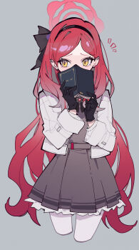 1girl absurdres black_bow black_bowtie black_gloves black_hairband blue_archive book bow bowtie commentary_request dress forehead gloves grey_background grey_dress hairband halo highres holding holding_book jacket long_hair long_sleeves pantyhose pinafore_dress priest77 red_hair red_halo sleeveless sleeveless_dress solo takane_(blue_archive) white_jacket white_pantyhose yellow_eyes